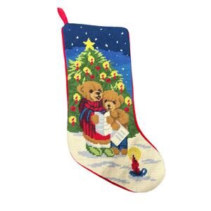 Teddy Bears Caroling Needle Point Christmas Stocking Wool and Cotton Holiday